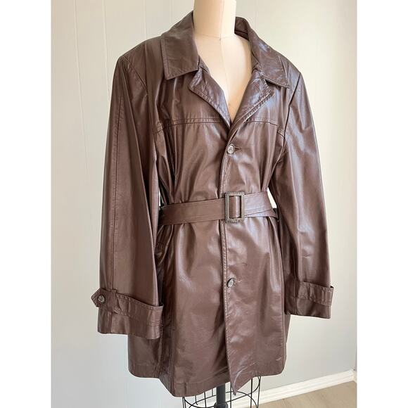 Vintage 60s 70s Brown Leather Short Trench Coat Jacket Belted XL Made in USA - Picture 2 of 16
